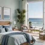 a coastal style bedroom that has a balcon