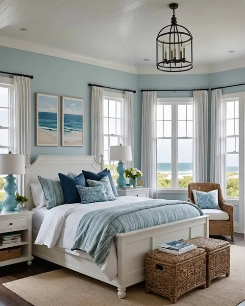 a coastal style bedroom with large windows, a bed and blue walls