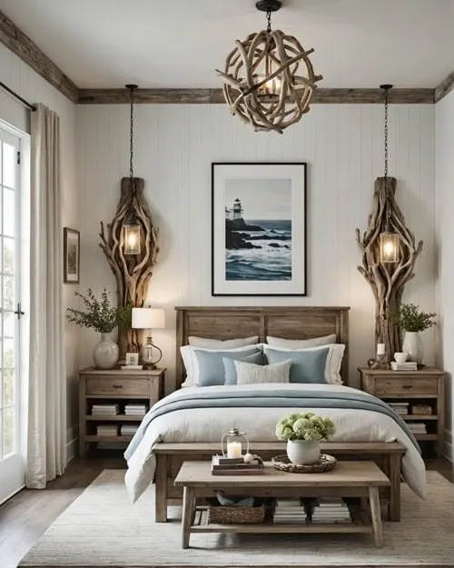 a coastal style bedroom with light fixtures with driftwood