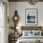 a coastal style bedroom with light fixtures with driftwood