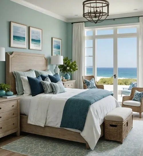 a coastal style bedroom with natural light and blue and green accents