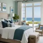 a coastal style bedroom with natural light and blue and green accents