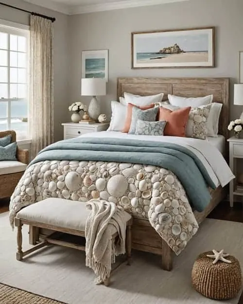 a coastal style bedroom with textured pieces that mimic the natural patterns found in seashells and coral