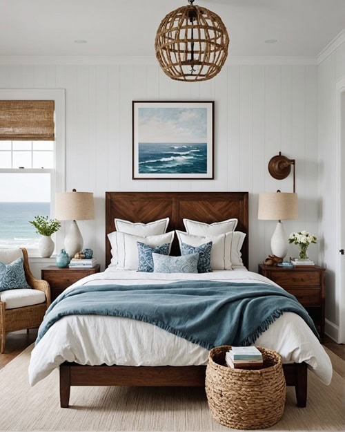 a coastal style bedroom with white walls