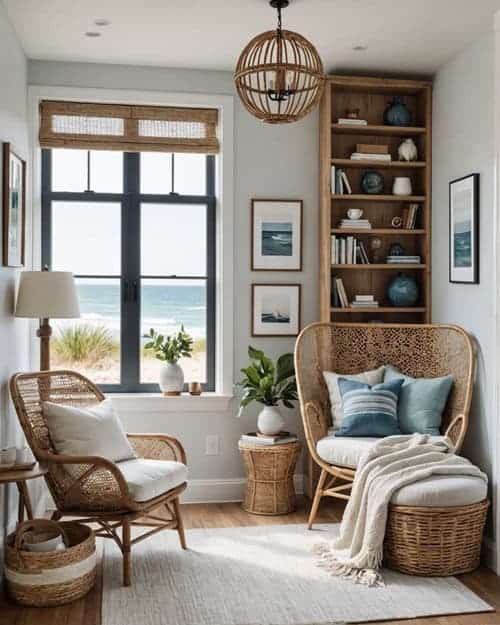 a coastal style bedroom with wood accents and a rattan chair in a cozy reading nook