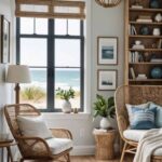 a coastal style bedroom with wood accents and a rattan chair in a cozy reading nook