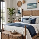 a coastal style bedroom with wood accents and rattan accents