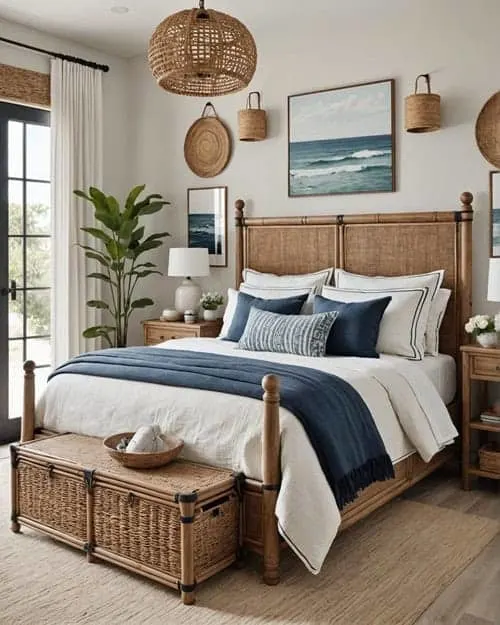 a coastal style bedroom with wood accents and rattan accents 