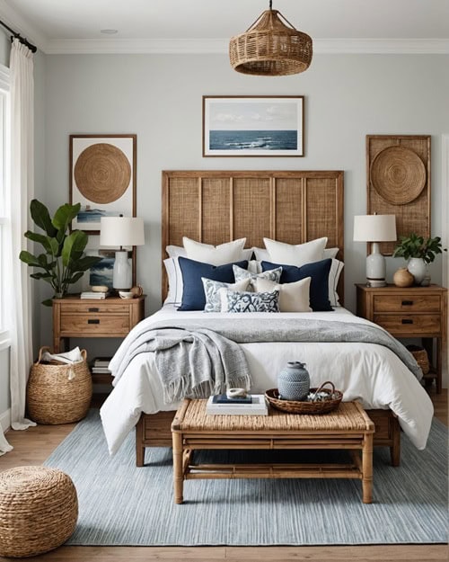 a coastal style bedroom with wood accents and rattan accents