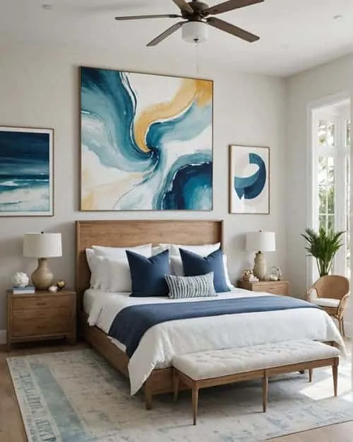 a large beach style bedroom with abstract art