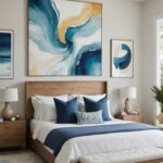 a large beach style bedroom with abstract art