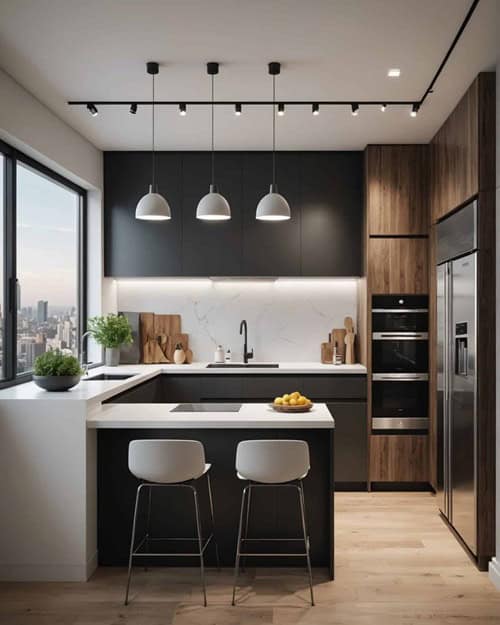apartment kitchen with black and wood cabinets and peninsula with stools 