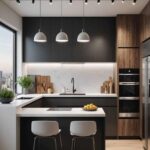 apartment kitchen with black and wood cabinets and peninsula with stools