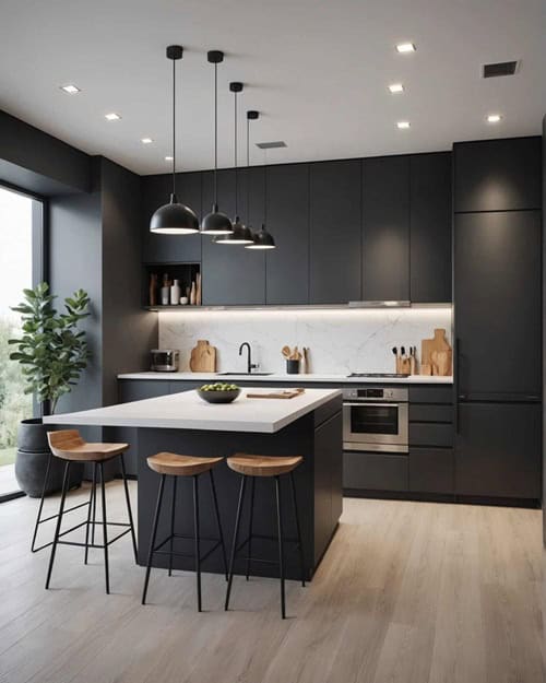 apartment kitchen with dark colored cabinets and island with chairs
