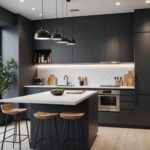 apartment kitchen with dark colored cabinets and island with chairs