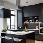 apartment kitchen with dark colored cabinets and peninsula with chairs