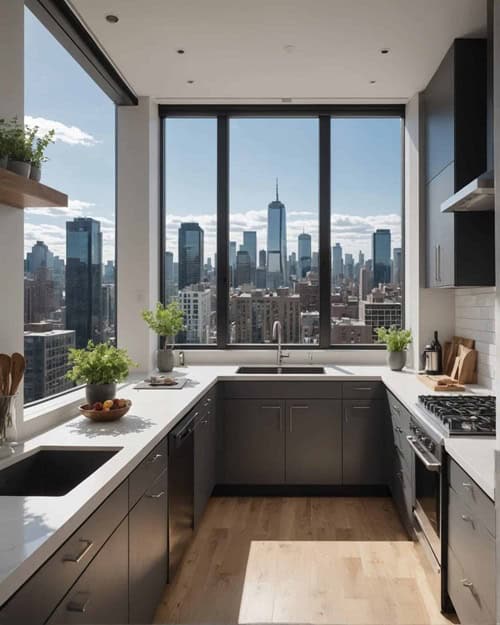 apartment kitchen with dark colored cabinets and windows with a city view