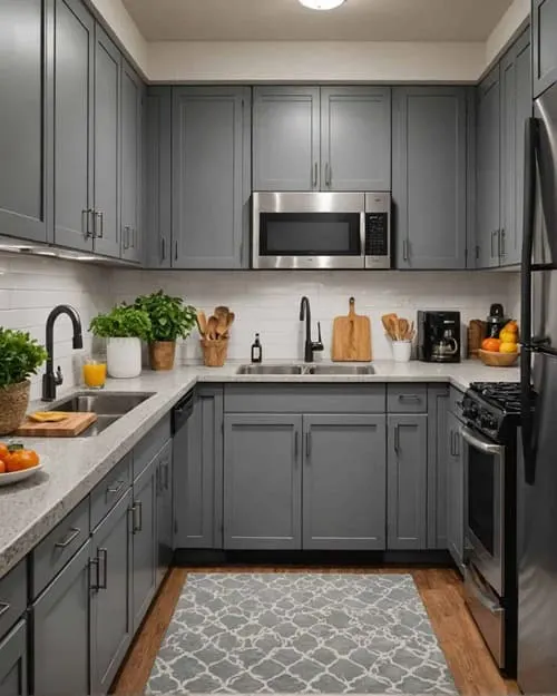 apartment kitchen with gray cabinets