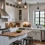 apartment kitchen with white cabinets, and white island with dark stools