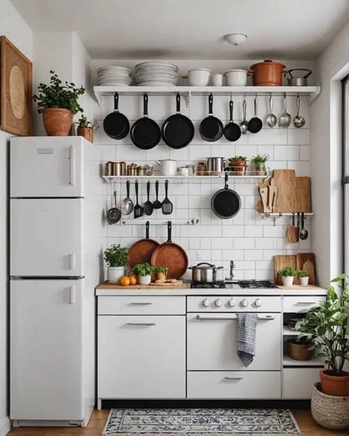 apartment kitchen with white colored cabinets, open shelves and racks to hang pot and utensils