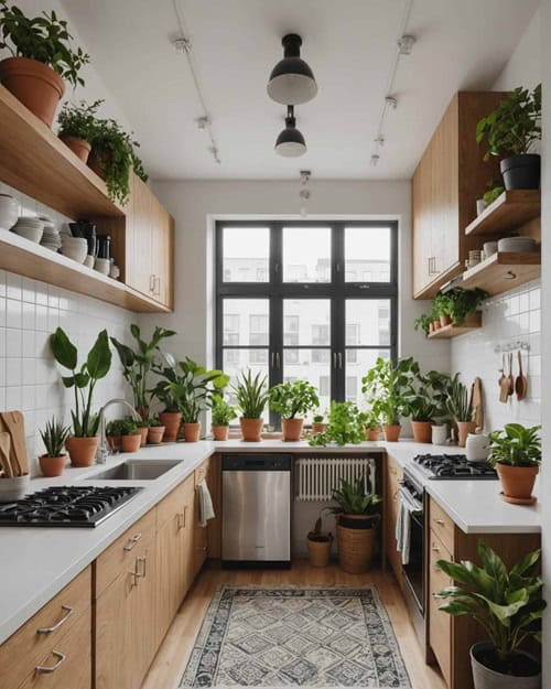 apartment kitchen with wood cabinets, and multiple plants 