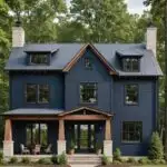 a two story navy blue house with a front porch