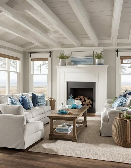 coastal living room with gray walls, fire place and couches