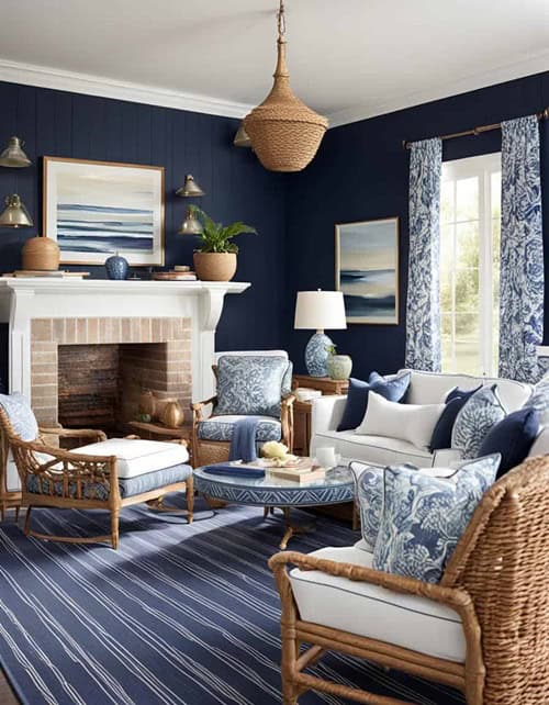 coastal living room with navy blue walls , fireplace and couch