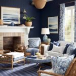 coastal style room with Sherwin Williams Naval paint on walls