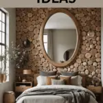 Pinterest graphic of a bedroom with earthy details