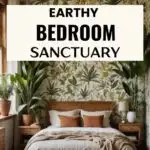 Pinterest graphic of a bedroom with earthy details