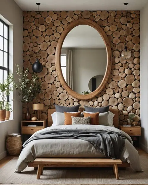 earthy bedroom with a fusion of natural materials and texture and an oval mirror