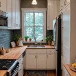 gally style apartment kitchen with white cabinets, and butcher block countertops