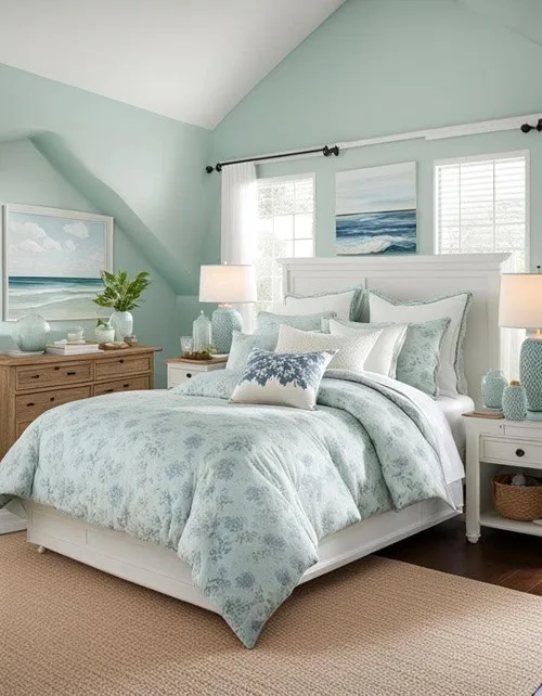 green coastal bedroom with bed and two windows