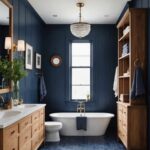 large Bathroom with navy blue and honey oak wood accents