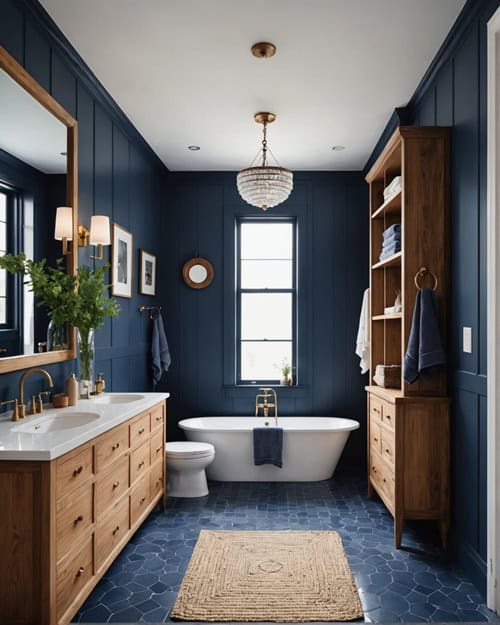 large Bathroom with navy blue and honey oak wood accents