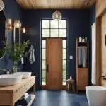 large Bathroom with navy blue and wood accents