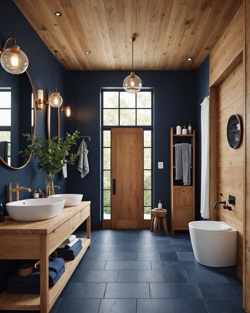 large Bathroom with navy blue and wood accents