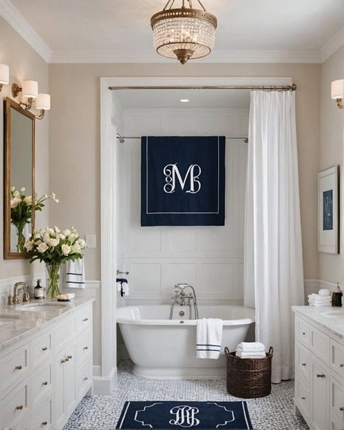 large Bathroom with white towels with a navy blue monogram