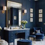 large luxurious Bathroom with a makeup station with a navy blue chair