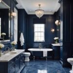 large luxurious Bathroom with a navy blue details and chrome fixtures