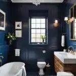 large luxurious Bathroom with a navy blue feature wall.