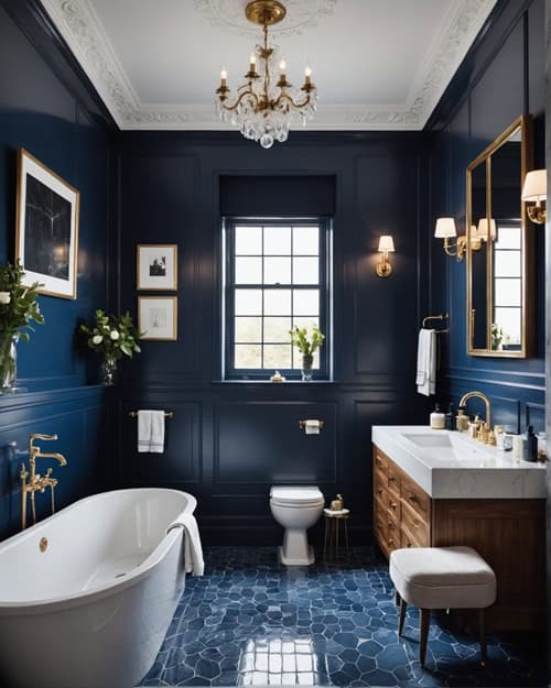 large luxurious Bathroom with a navy blue feature wall