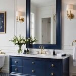 large luxurious Bathroom with a navy blue statement mirror