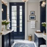 large luxurious Bathroom with white towels and a few navy blue accents