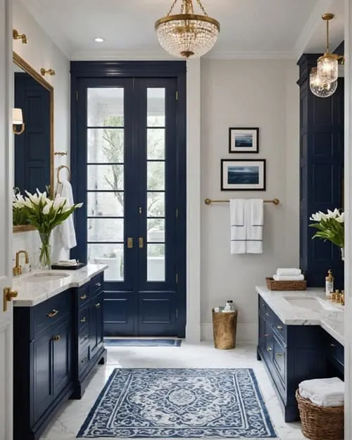 large luxurious Bathroom with white towels and a few navy blue accents