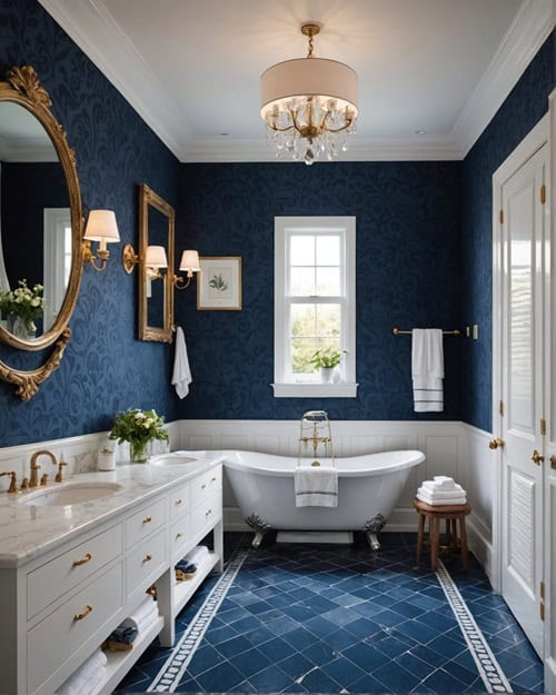 large luxurious Bathroom with white towels and a navy blue wallpaper