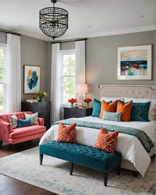 large romantic master bedroom with colorful pillows