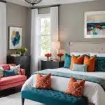 large romantic master bedroom with colorful pillows