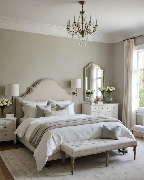 large romantic master bedroom with soft whites, subtle Spring tones